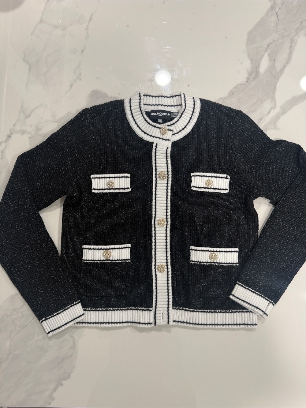 NWT Karl Lagerfeld Black and White Trimmed Knit Cardigan